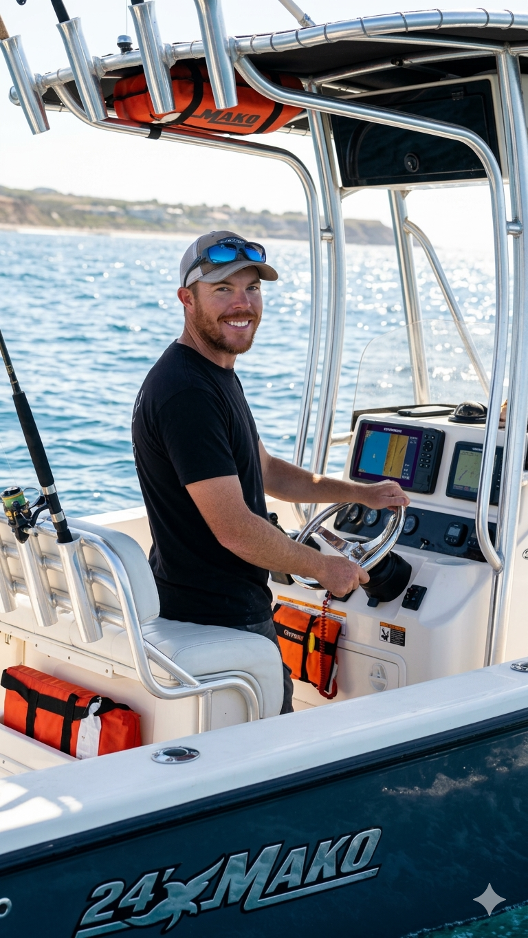 Captain Jon at the helm of Reel Smart Charters in Sarasota